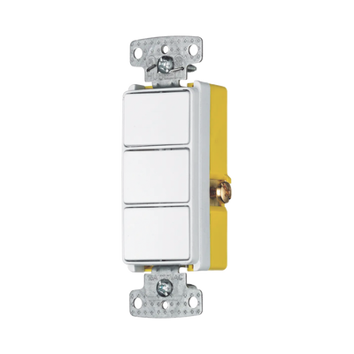 Interruptor Residencial 15 A 120 V, con 3 Bases Unipolares, Cableado lateral, Color Blanco.