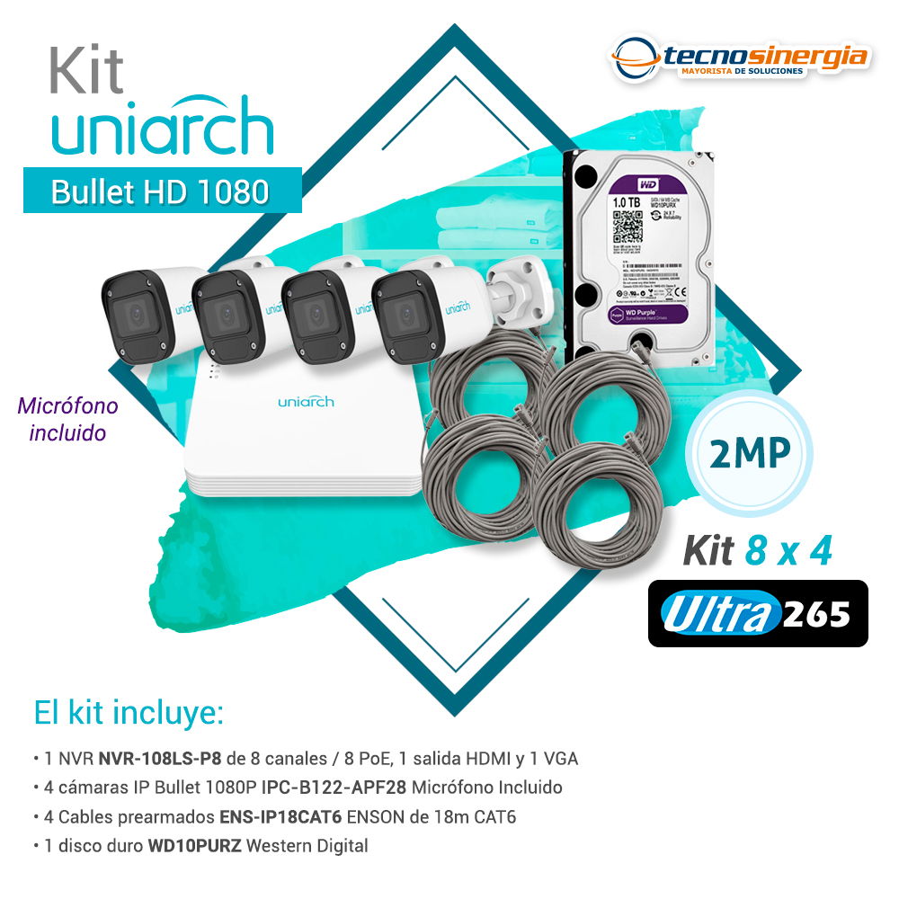 KIT UNIARCH BULLET HD 1080 1x NVR-108LS-P8 + 4x IPC-B122-APF28 + 4x ENS-IP18CAT6 + 1x WD10PURZ KIT UNIARCH BULLET HD 1080 1x NVR-108LS-P8 + 4x IPC-B122-APF28 + 4x ENS-IP18CAT6 + 1x WD10PURZ