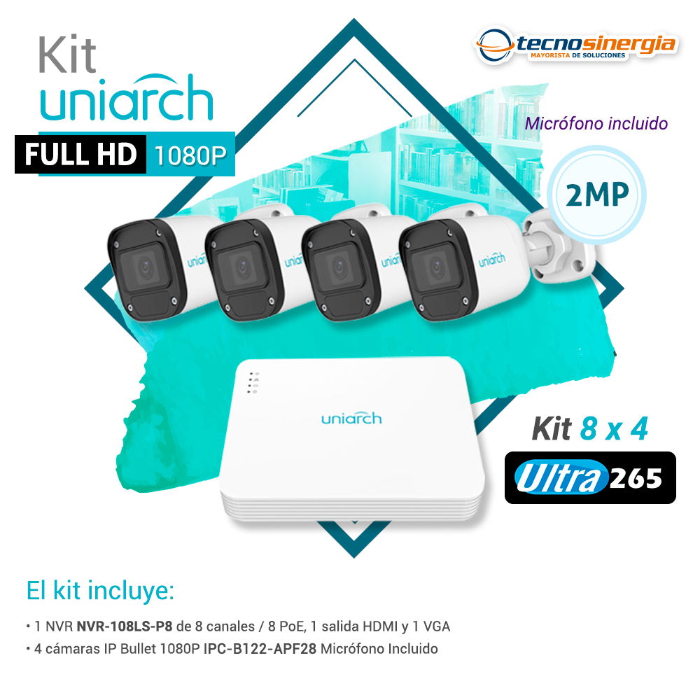 KIT UNIARCH FULLHD 1080 8X4 1x NVR-108LS-P8 + 4x IPC-B122-APF28 KIT UNIARCH FULLHD 1080 8X4 1x NVR-108LS-P8 + 4x IPC-B122-APF28