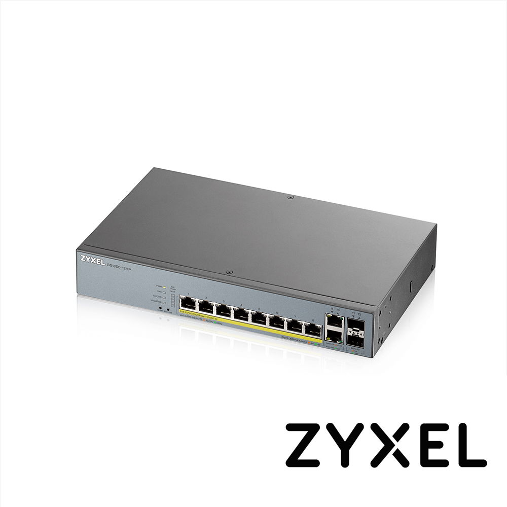 SWITCH ZYXEL GS1350-12HP 10 PUERTOS RJ45 100/1000 Mbps con POE AF/AT + 2 PUERTOS SFP 1000 Mbps ADMINISTRABLE L2 COMPATIBLE CON NEBULA ENERGIA TOTAL 130W  CON 8 PUERTOS POE EXTENDED