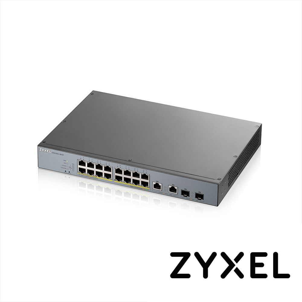 SWITCH ZYXEL GS1350-18HP 16 PUERTOS RJ45 100/1000 Mbps con POE AF/AT + 2 PUERTOS SFP 1000 Mbps ADMINISTRABLE L2 COMPATIBLE CON NEBULA ENERGIA TOTAL 130W  CON 16 PUERTOS POE EXTENDED