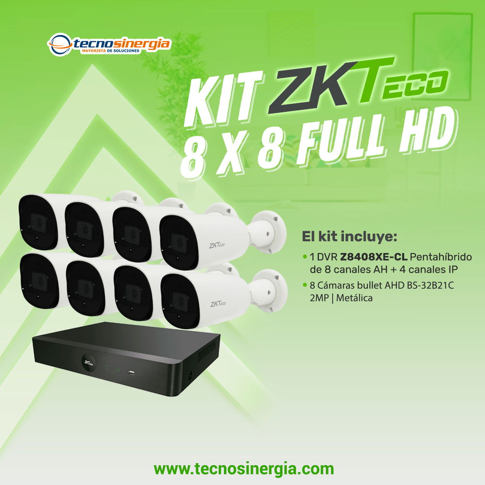 KIT ZKTECO 8 X 8 FULL HD 1x Z8408XE-CL + 8x BS-32B21C