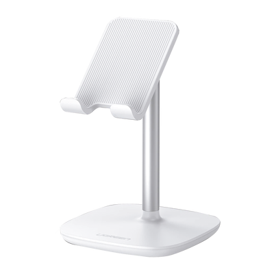 Soporte para Telefono Celular & Tablet / Ajustable de 5° a 45° / Base Antideslizante / Proteccion de Silicona / ABS / Amplia Compatibilidad con dispositivos de 4'' a 7.9'' / Color Blanco
