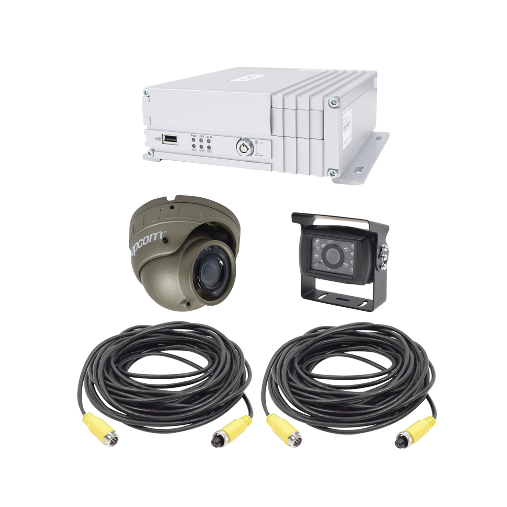 Sistema de videovigilancia móvil AHD todo en uno, incluye MDVR de 4 canales análogo AHD que soporta almacenamiento en Disco duro , 1 cámara domo para interior con micrófono integrado, 1 tipo turrent AHD para exterior