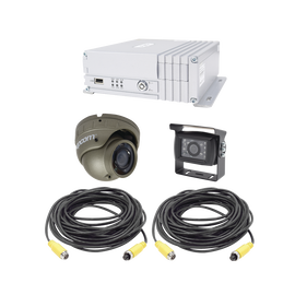 Sistema de videovigilancia móvil AHD todo en uno, incluye MDVR de 4 canales análogo AHD que soporta almacenamiento en Disco duro , 1 cámara domo para interior con micrófono integrado, 1 tipo turrent AHD para exterior