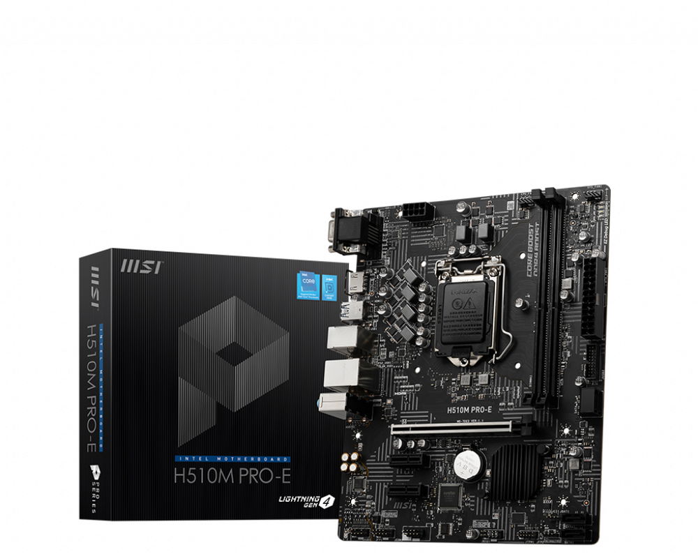MSI H510M PRO-E - Placa base - micro ATX - Socket LGA1200 - H510 Chipset - USB 3.2 Gen 1 - Gigabit LAN - Tarjeta gráfica (CPU necesaria) - HD Audio (8-canales) MSI H510M PRO-E - Placa base - micro ATX - Socket LGA1200 - H510 Chipset - USB 3.2 Gen 1 - Gigabit LAN - Tarjeta gráfica (CPU necesaria) - HD Audio (8-canales)