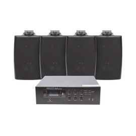 KIT de Amplificador de 120W para Escritorio | 4 Altavoces de Pared color Negro 2.5W - 20W | Sistema 70/100V