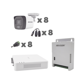 KIT TurboHD 1080p / DVR 8 Canales con audio por coaxitron / 8 Cámaras con Micrófono Integrado 101° Visión/  luz blanca + IR visión nocturna  / Transceptores / Conectores / Fuente de Poder Profesional