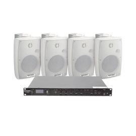 KIT de Amplificador de Audio 120W para Rack | 4 Altavoces de Pared color Blanco 2.5W - 20W | Sistema 70/100V