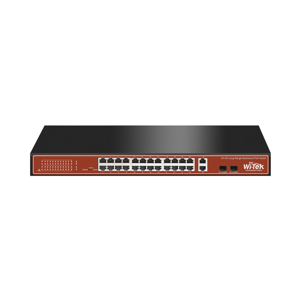 Switch PoE (802.3af/at) no administrable de largo alcance, hasta 250m, con 24 x 10/100Mbps + 2 x SFP Gigabit Combo, 250 W