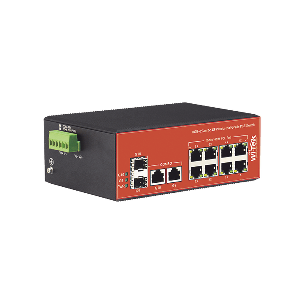 Switch Industrial PoE+ no administrable de 8 Puertos 10/100/1000Mbps + 2 SFP Combo, 150 W