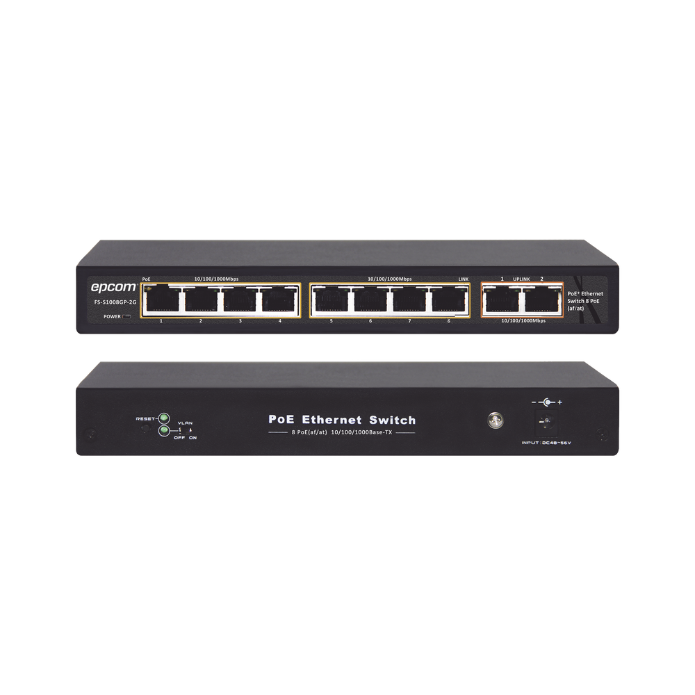 Switch PoE / 100 Metros PoE / 8 puertos 802.3af/at ( 132.5 W ) 10/100/1000Mbps + 2 puertos Uplink