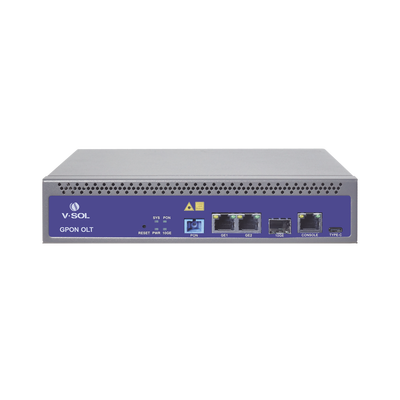 OLT de 1 puerto GPON SC/UPC + 3 puertos Uplink (2 puertos Gigabit Ethernet + 1 puerto SFP/SFP+) , hasta 128 ONUS,
