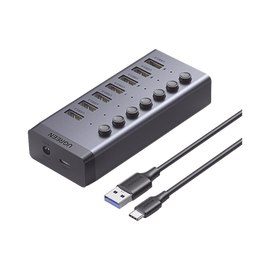 HUB de 7 Puertos USB 3.0  / 4 puertos de Carga Inteligente / Interruptor Individual / Indicadores LED / USB 3.0 a 5Gbps / 1 USB-C Hembra (solo datos) / Incluye Adaptador de Corriente 12V 2A / 7 en 1