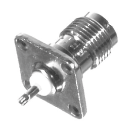 Conector TNC Hembra para Chasis de 4 Perforaciones de 13 mm, Contacto-Berilio Cobre Soldable, Níquel/ Oro/ Teflón.