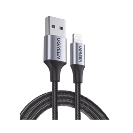 Cable USB-A a Lightning | 1 Metro | Certificado MFi | Carga Rápida 5V/2.4 A | 480 Mbps | Conector C94 | Adecuado para iPhone, iPad y iPod | Protección Integrada | Caja de Aluminio | Nylon Trenzado | Color Negro | 2 años de Garant&iacu