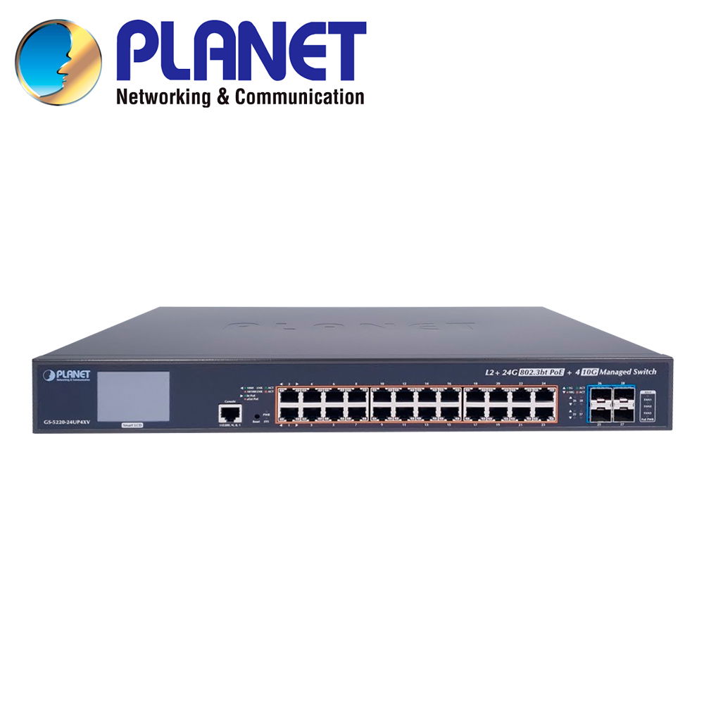 Switch Administrable L2+, 24 puertos Gigabit PoE 802.3bt, 4 puertos 10G SFP+,Pantalla táctil, (400W) Switch Administrable L2+, 24 puertos Gigabit PoE 802.3bt, 4 puertos 10G SFP+,Pantalla táctil, (400W)