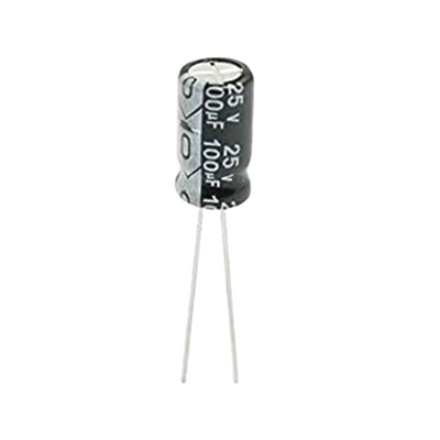 Capacitor Electrolítico de Aluminio, Radial de 100 µFd, 25 Vcc, 105 °C, 6.3 x 11 mm.