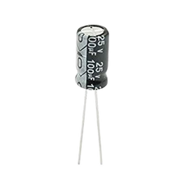 Capacitor Electrolítico de Aluminio, Radial de 100 µFd, 25 Vcc, 105 °C, 6.3 x 11 mm.