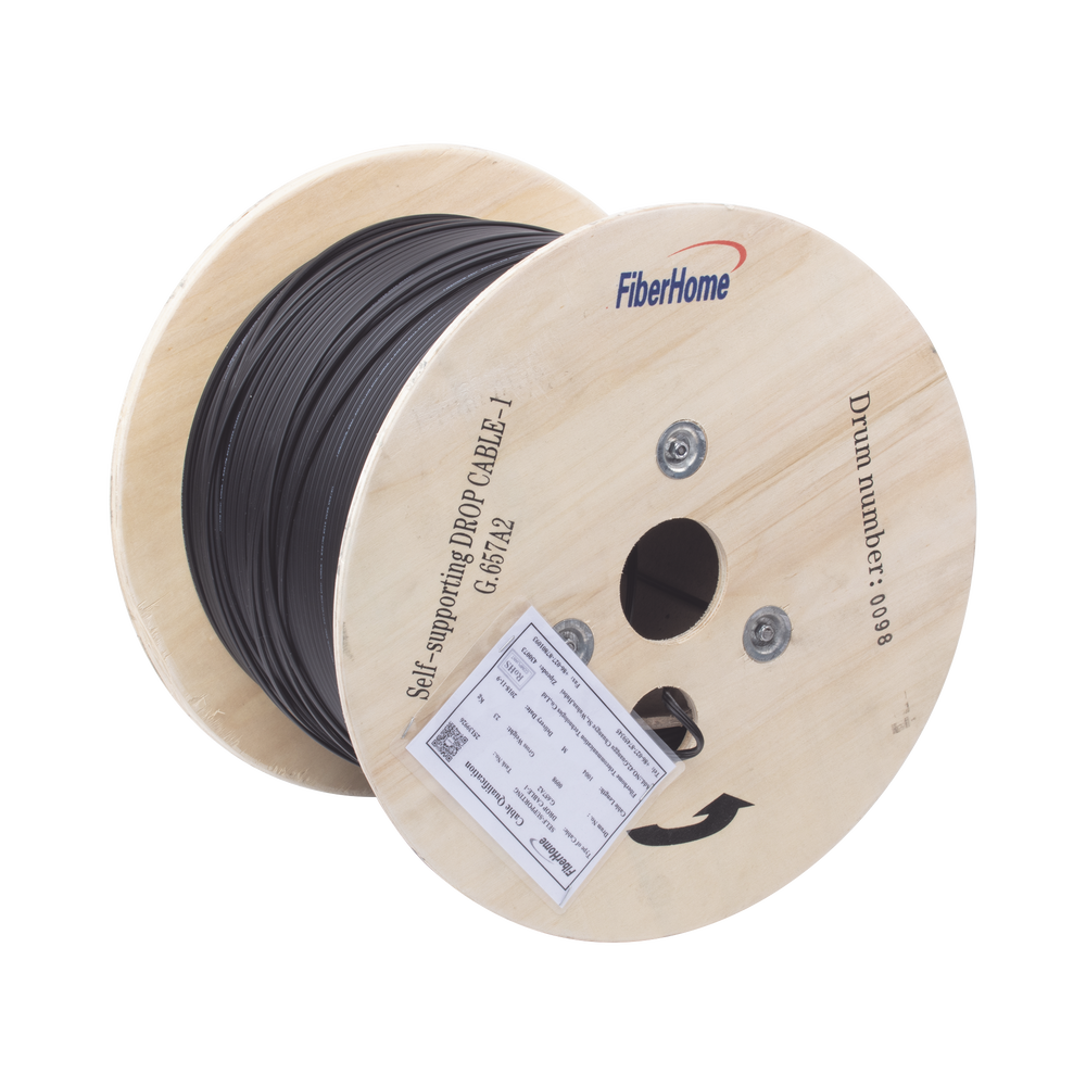 Carrete de 1 km de Fibra Óptica Aérea Mini Figura 8 G.657A2 tipo Drop, Monomodo de 1 Hilo, Color Negro