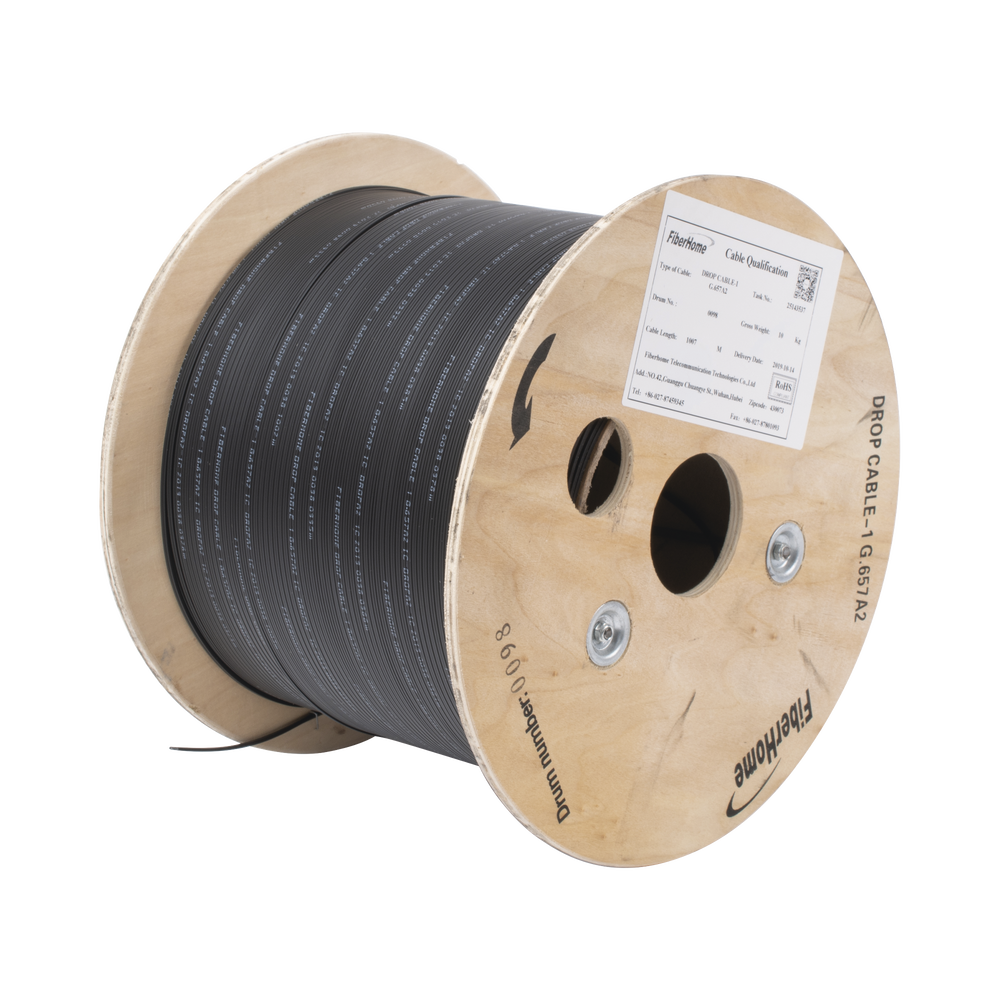 Carrete de 1 km de Fibra Óptica Drop, Interior/Exterior G.657A2 Monomodo de 1 hilo, Dieléctrica, Forro Negro