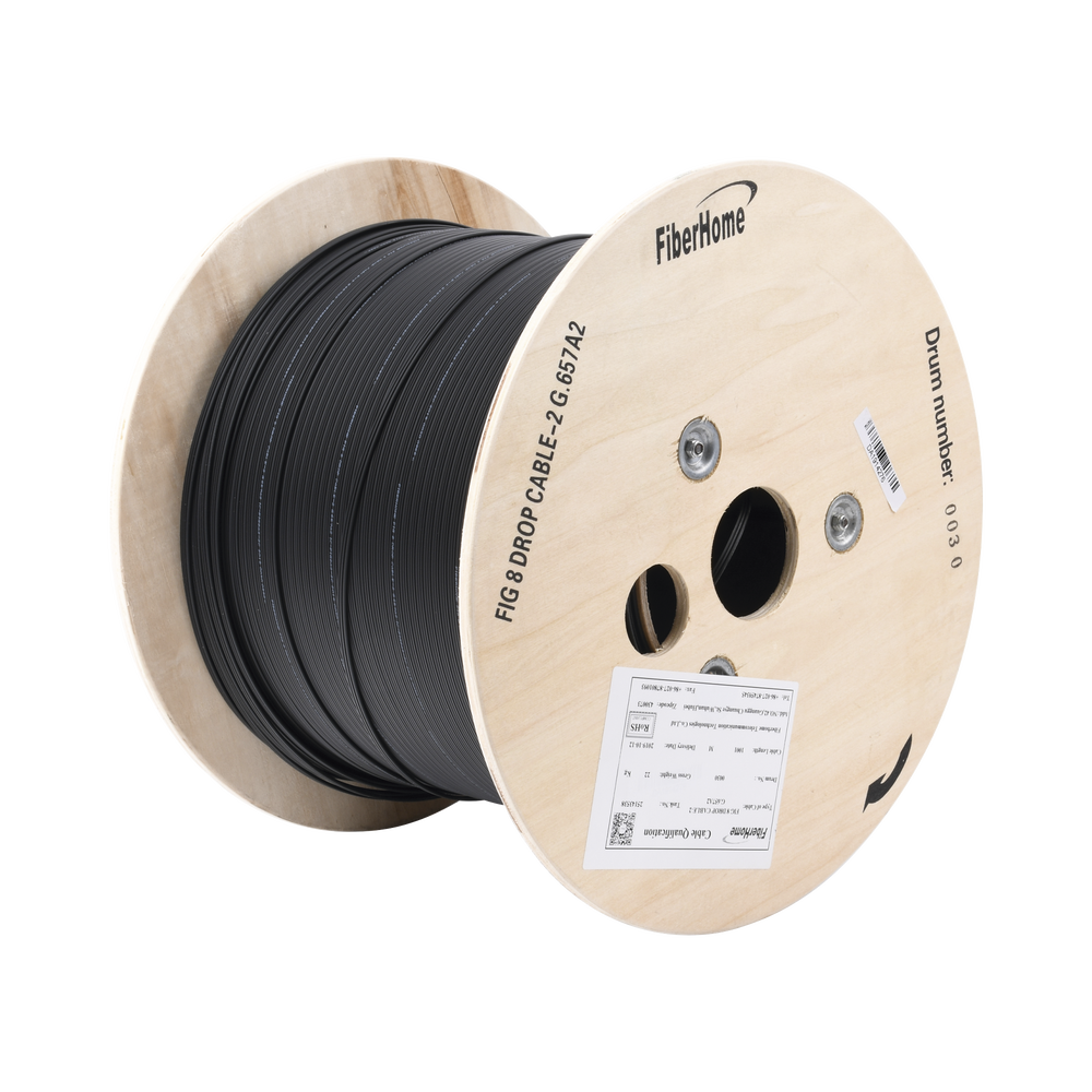 Carrete de 1 km de Fibra Óptica Aérea Mini Figura 8 G.657A2 tipo Drop, Monomodo de 2 Hilos, Color Negro