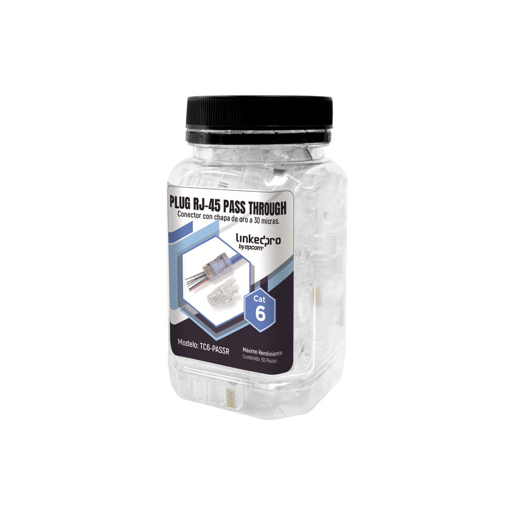 Bote con 50 Plugs Pass through RJ45 Cat6 sin blindaje, con alivio de tensión incluido, chapado de oro a 30 micras para durabilidad extrema