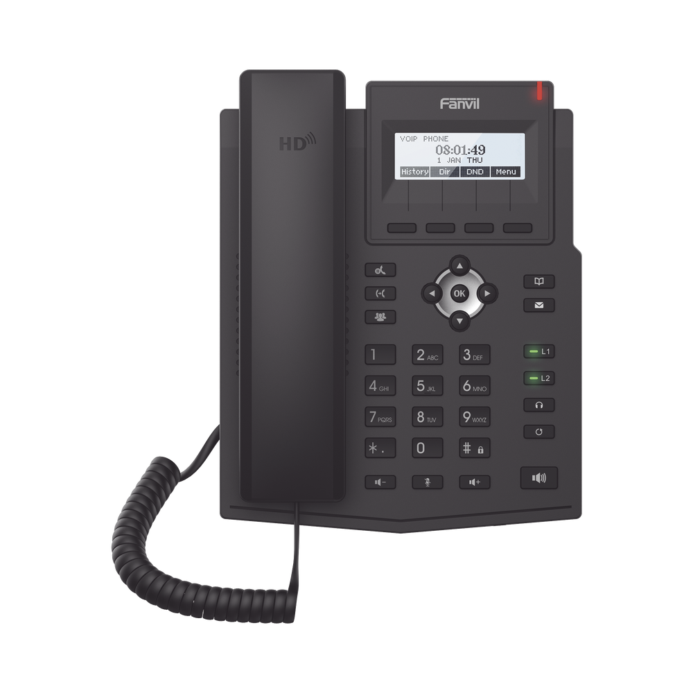 Teléfono IP empresarial para 2 lineas SIP con pantalla LCD, Códec Opus, conferencia de 3 vías, PoE.