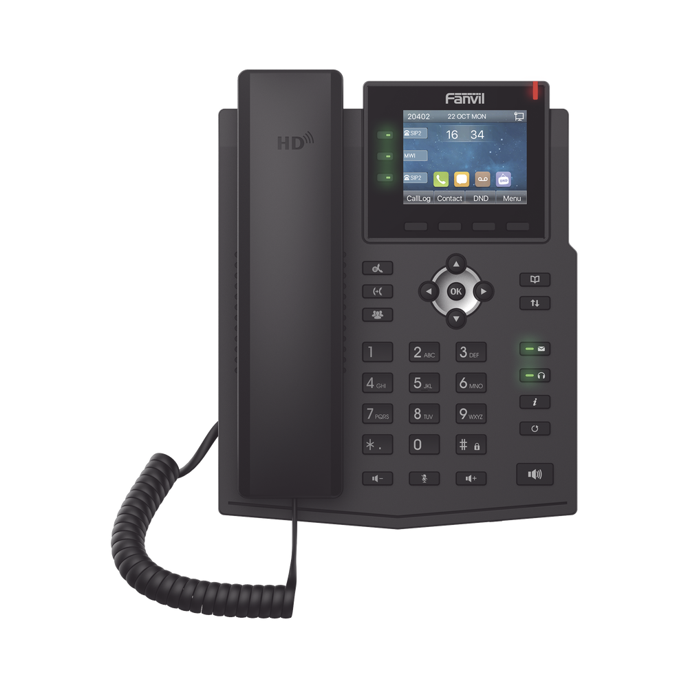 Teléfono IP Empresarial con Estándares Europeos, 6 lineas SIP con pantalla LCD a color, puertos Gigabit, IPv6, Opus y conferencia de 3 vías, PoE/DC