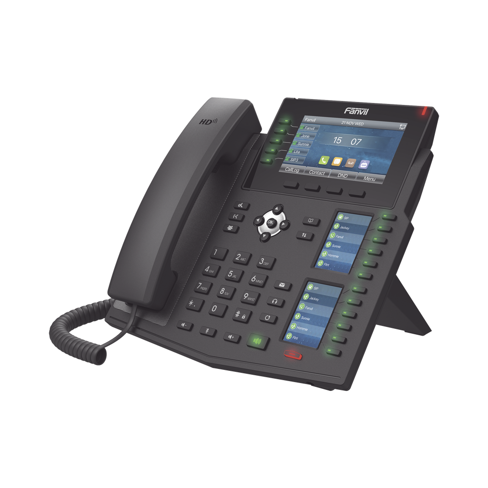 Teléfono IP Empresarial con Estándares Europeos, 20 lineas SIP con pantalla LCD a color, 60 teclas DSS/BLF, puertos Gigabit, IPv6, Opus y conferencia de 3 vías, PoE/DC
