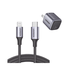 Kit de Cargador de 20w Tecnología GaN y Cable Lightning Certificado MFi / Incluye 1 Pza. 90902 / 1 Pza. 60759 / Tecnología Inteligente / Carga Rápida / Cable de 1 Metro / Carcasa de Aluminio / Nylon Trenzado