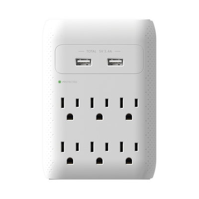 Multicontacto de Pared 110 Vca/ Supresor de Picos / 6 x Nema 5-15P / 2 x USB (5V @3.4A)
