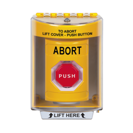 Botón de Abortar, Texto en Ingles, Tapa Protectora de Policarbonato Súper Resistente, Momentaneo