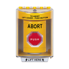 Botón de Abortar, Texto en Ingles, Tapa Protectora de Policarbonato Súper Resistente, Momentaneo