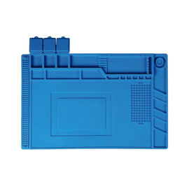 Tapete de silicona resistente al calor con areas magnéticas y de almacenamiento de componentes, ideal para la reparación de equipos y tarjetas electrónicas.