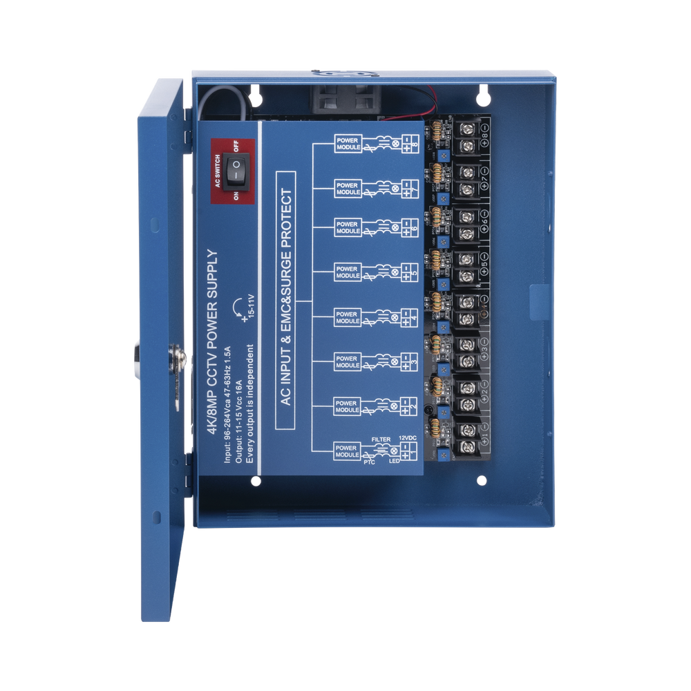 Fuente de poder profesional HEAVY DUTY de 11 - 15 Vcd @ 16 Amper, para hasta 8 cámaras, con voltaje de entrada de: 110-220 Vca / Compatible con cámaras 4K