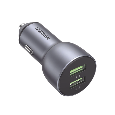 Cargador de Auto 36W / 2 Puertos USB-A / Carga Rápida / Compatible con Vehículos de 12 y 24 VCD / PD3.0 + QC3.0 / Chip Inteligente / Diseño Compacto / Mayor Eficiencia Energética / Aleación de Aluminio.
