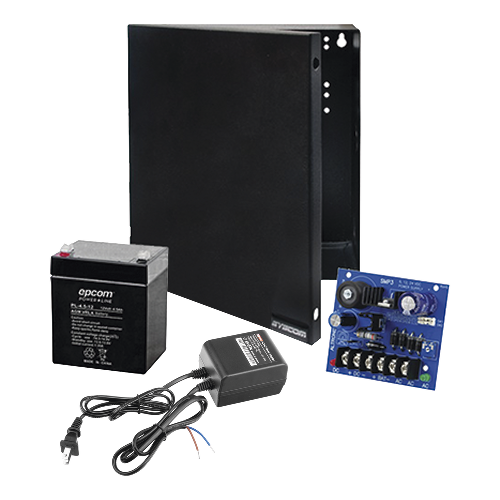 Kit con fuente ALTRONIX con salida de 12 Vcd a 2.5 Amper, incluye transformador y batería de 4.5 Amper