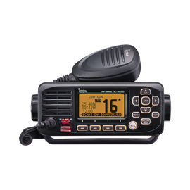 Radio móvil marino ICOM, Tx: 156.025-157.425MHz, Rx: 156.050-163.275MHz, 25W de potencia, sumergible IPX7 incluye: micrófono, cable de alimentación y accesorios