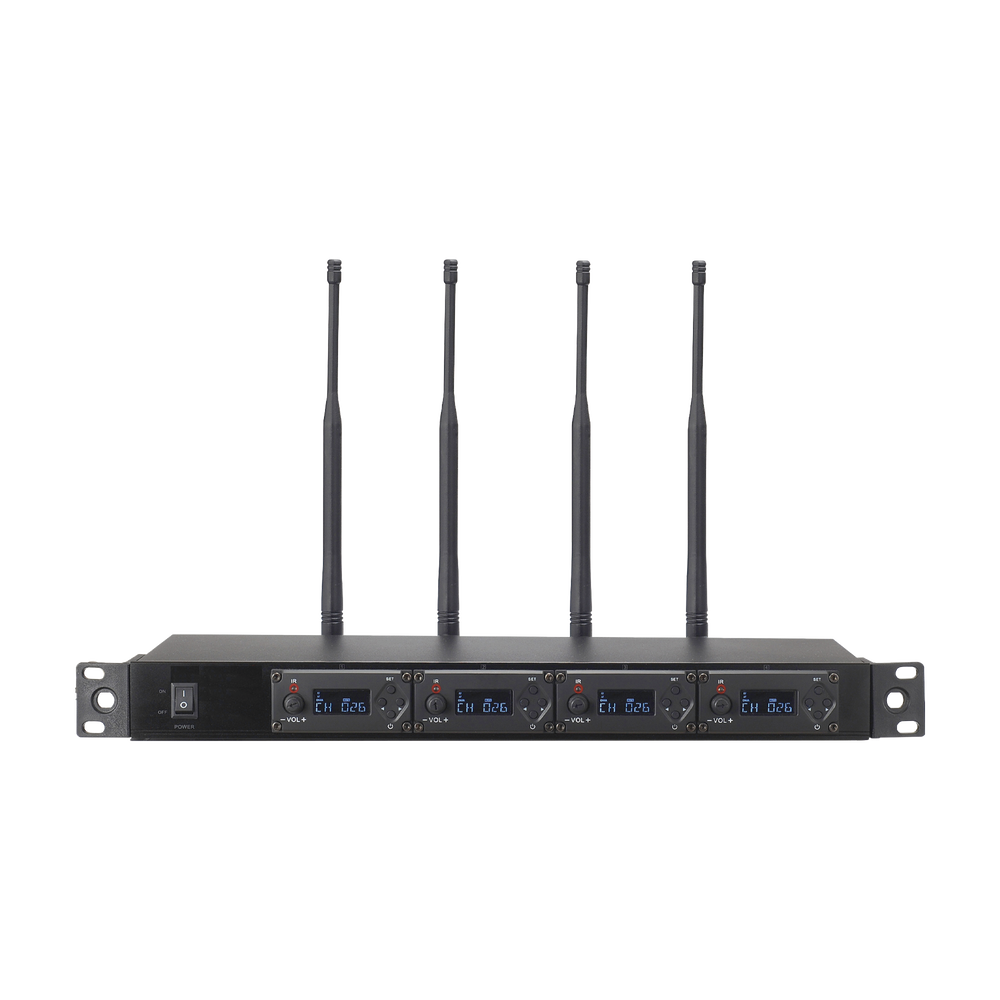 Receptor UHF para 4 micrófonos inalámbricos / Pantalla LCD de cristal liquido