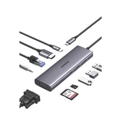HUB USB-C (Docking Station) 10 en 1 / 3 USB-A 3.0 (5Gbps) / USB-C PD Carga 100W / RJ45 (Gigabit Ethernet) / HDMI 2.0 4K@30Hz / VGA 1080P@60Hz / Lector de Tarjetas SD y MicroSD (TF) / Entrada Aux. 3.5mm / Carcasa de Aluminio.