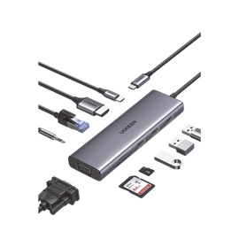 HUB USB-C (Docking Station) 10 en 1 / 3 USB-A 3.0 (5Gbps) / USB-C PD Carga 100W / RJ45 (Gigabit Ethernet) / HDMI 2.0 4K@30Hz / VGA 1080P@60Hz / Lector de Tarjetas SD y MicroSD (TF) / Entrada Aux. 3.5mm / Carcasa de Aluminio.