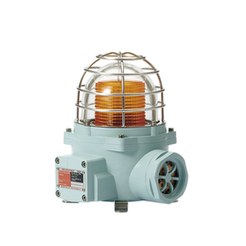 Luz LED color Ámbar de advertencia con patrón de destello flasheante/fijo para zonas peligrosas con buzzer incluido a 105 dB. de 24 VCD