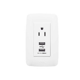 Placa con 1 Tomacorriente 15 A/ 127 V CA y Conector USB tipo hembra 5 VCD/ 2A  / Color Blanco.