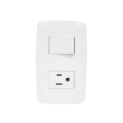 Placa con Interruptor sencillo 10 A/127 V y un Tomacorriente 15 A/ 127 V CA / Color Blanco.