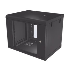 Gabinete de Pared de 9U con Puerta de Cristal Templado, 479.5 mm de Profundidad, Rack de 19'', Acero Reforzado Color Negro.