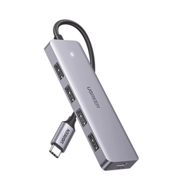 HUB USB-C 3.0 4 EN 1 | 4 Puertos USB-A (5Gbps) | Carcasa ABS + PC | Soporta OTG | Luz Indicadora LED | Compatible con iPhone 15 Pro MAX) | Interfaz Niquelada | Color Gris Metalizado | Cable de 15cm.