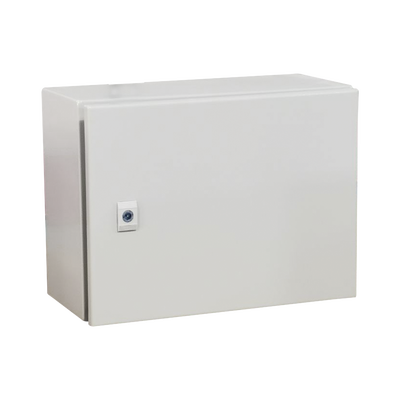 Gabinete de Acero IP66 Uso en Intemperie (400 x 300 x 300 mm) con Placa Trasera Interior Metálica y Compuerta Inferior Atornillable (Incluye Chapa y Llave T).