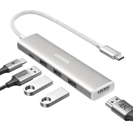 HUB USB-C (Docking Revodok) 5 en 1 | HDMI 2.0 4K@30Hz | 3 USB-A 3.0 (5Gbps) | USB-C PD Carga 100W | Chip de Última Generación | Cable de Nylon Trenzado de 25 cm | Carcasa de Aluminio | Color Blanco.