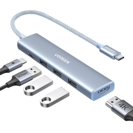 HUB USB-C (Docking Revodok) 5 en 1 | HDMI 2.0 4K@30Hz | 3 USB-A 3.0 (5Gbps) | USB-C PD Carga 100W | Chip de Última Generación | Cable de Nylon Trenzado de 25 cm | Carcasa de Aluminio | Color Azul.